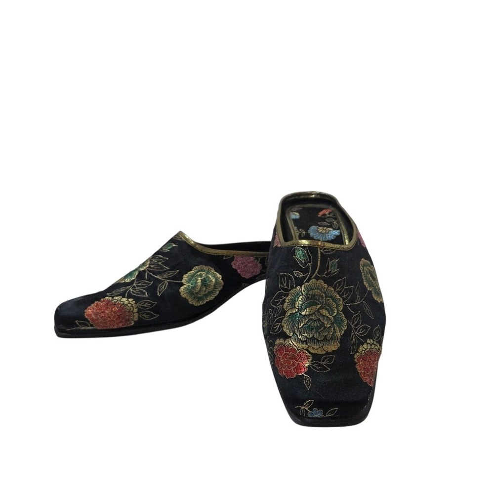 Y2K Floral Embroidered Satin Mule Heels Blue Square Toe Block Heel Size 40